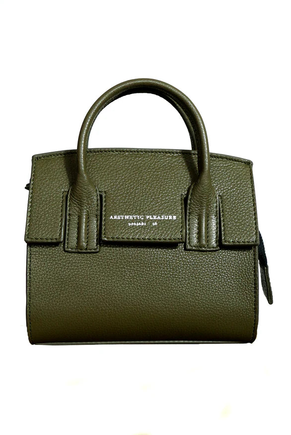 A small olive green grain leather handbag with a logo stamp in front and a tubular handle, made from cow leather by Aesthetic Pleasure.