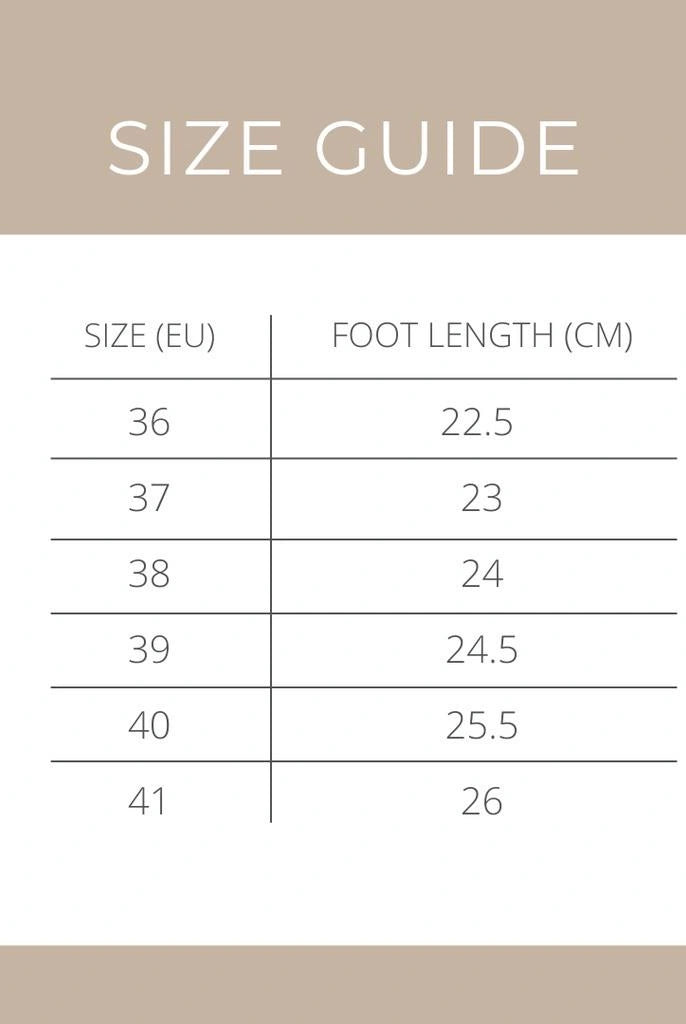 Size guide chart for shoes with foot length measurements in centimeters on a beige background