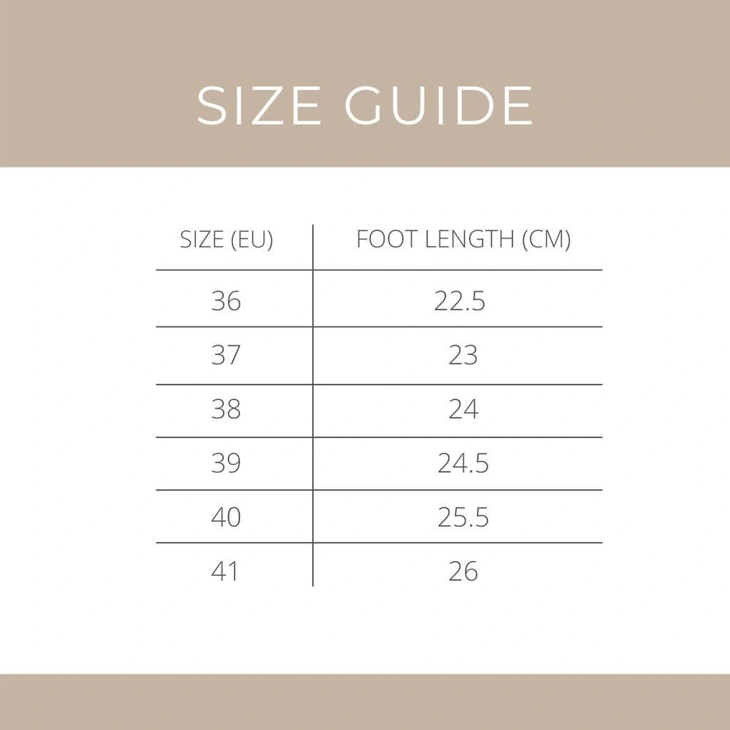Size guide chart for shoes with foot length measurements in centimeters on a beige background