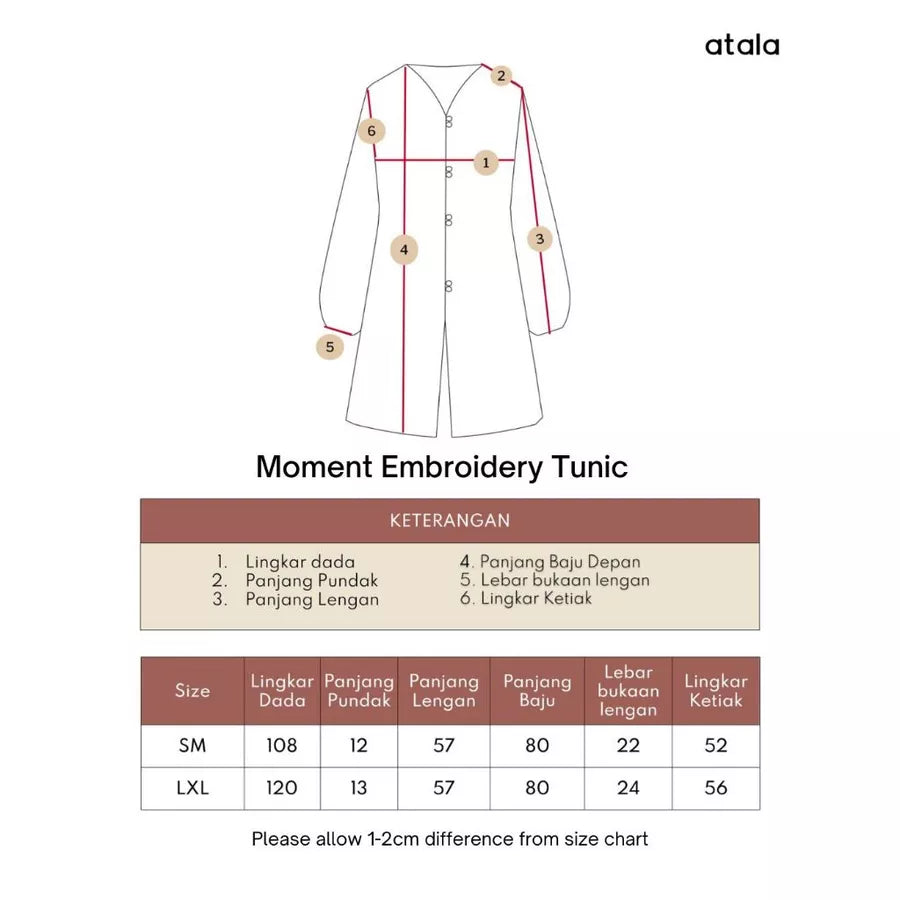 Measurement chart for Moment Embroidery Tunic by Atala Scarves with size chart below.