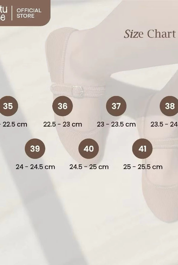 Size chart for ballet flatshoes with measurements in centimeters, featuring tutu toe brand.