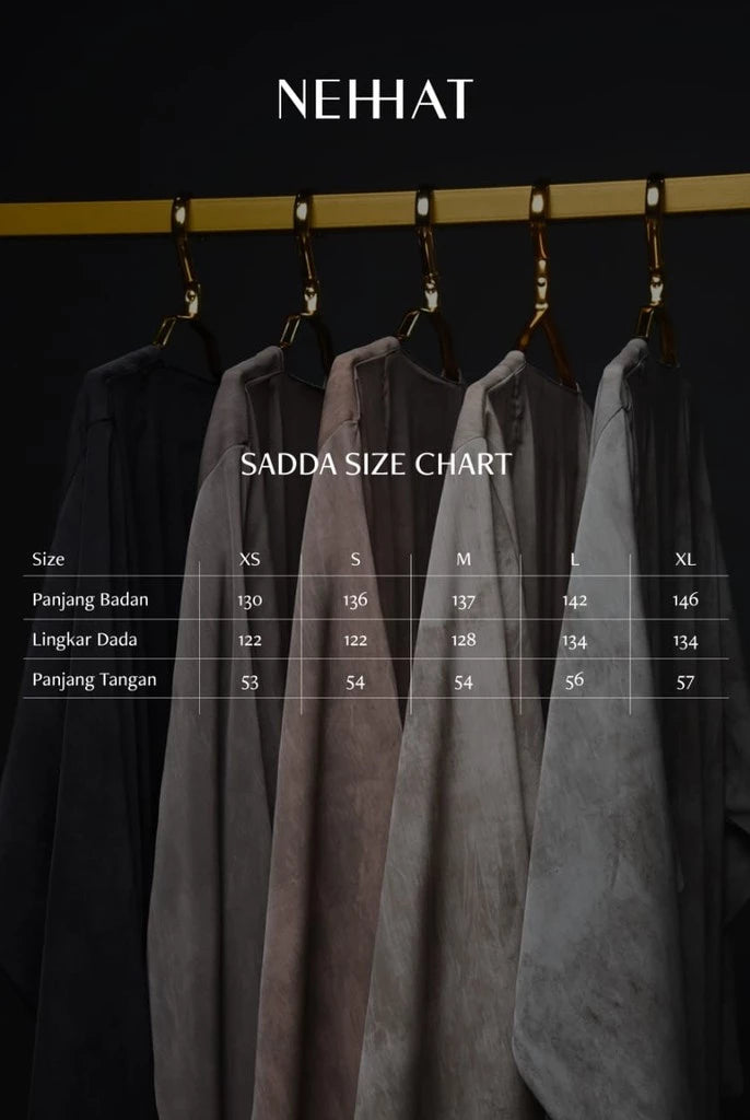 Nehhat Abaya on hangers with a size chart below against a black background