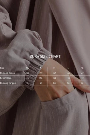 Size chart for a Zura Abaya by Nehhat Modest, showing measurements in centimeters.