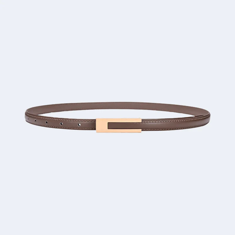 Khaki leather belt with a rose gold buckle from Atala Scarves on a light gray background