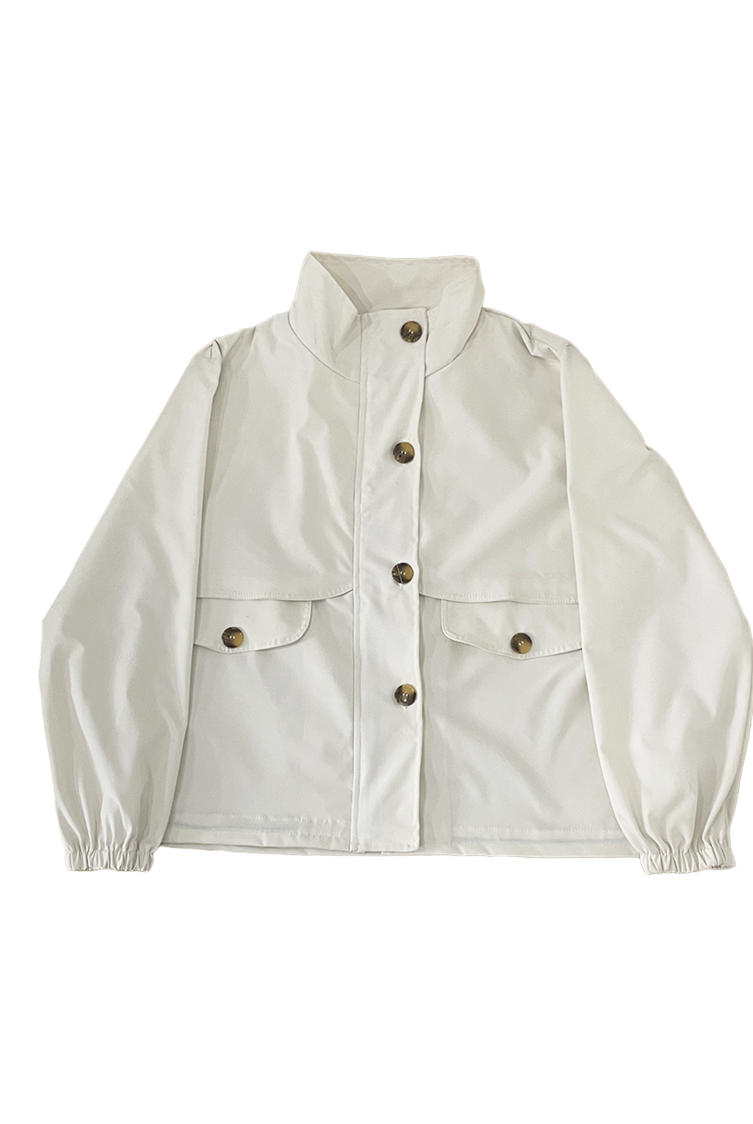 White jacket with button details by Abame on a white background