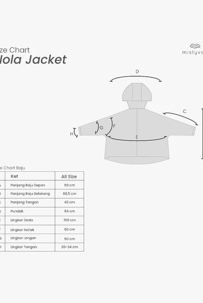 Size chart for Nola Jacket by Mistyvori with measurements on a white background
