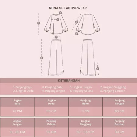 Nuna set activewear by Lozy Hijab with measurements on a pink background