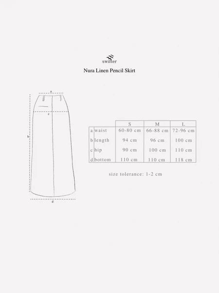 Measurement chart for Nura Pencil Skirt by Swifter with size options and dimensions.