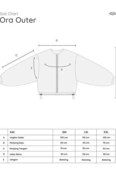 Size chart for Ora Outer jacket by Mistyvori with measurements and dimensions.