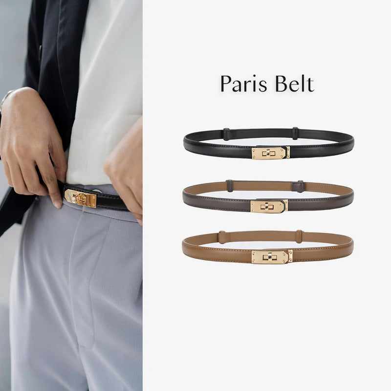 Three Paris Belt options from Atala Scarves displayed with a person wearing one of them.