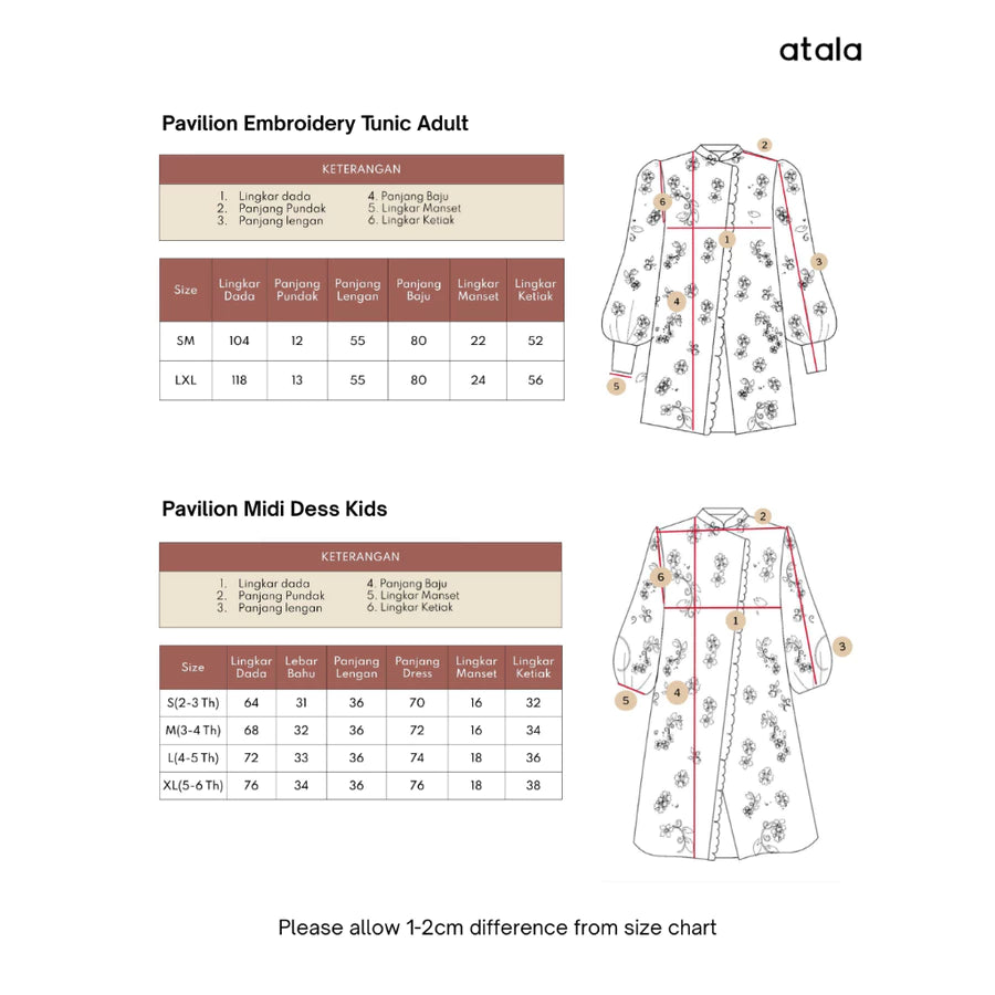 Size chart for Pavilion Embroidery Tunic Adult and Pavilion Midi Dress Kids by Atala Scarves on a white background.