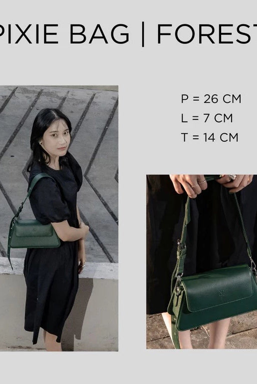 Green Pixie Bag by Prior held by a person with product dimensions displayed.