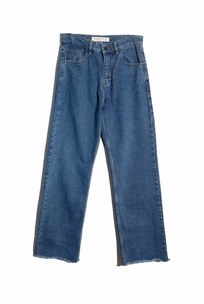 A pair of high-waisted, wide leg blue jeans by Rashawl with a straight fit and raw hem.