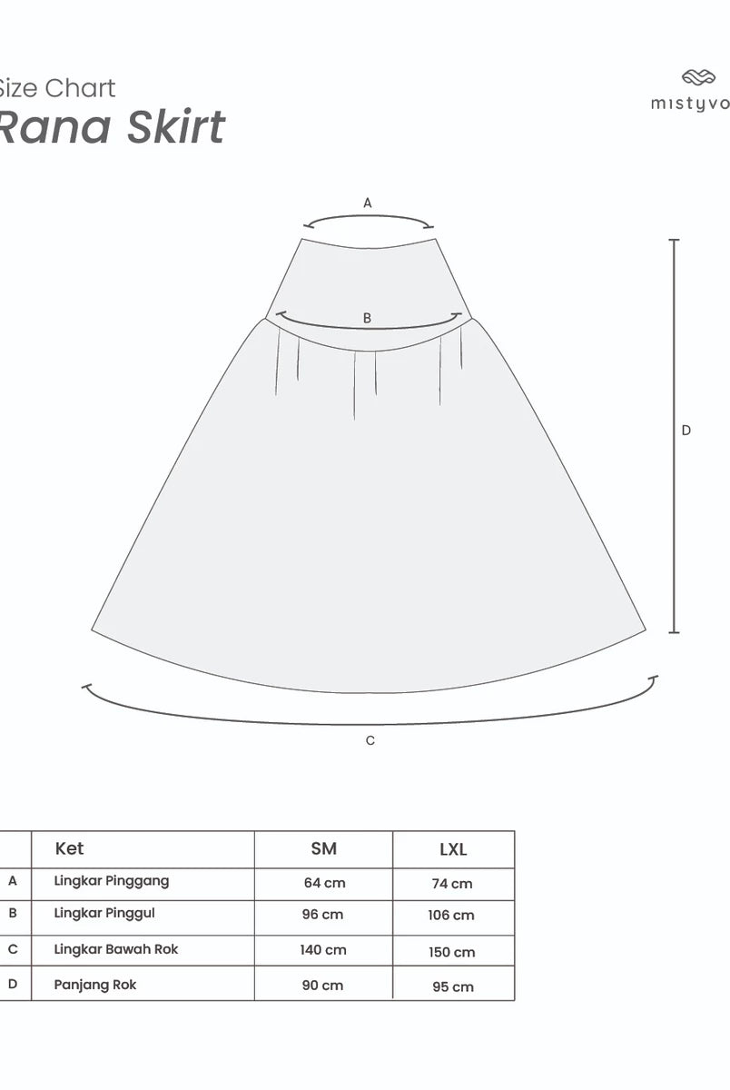 Size chart for Rana Skirt by Mistyvori with measurements in centimeters