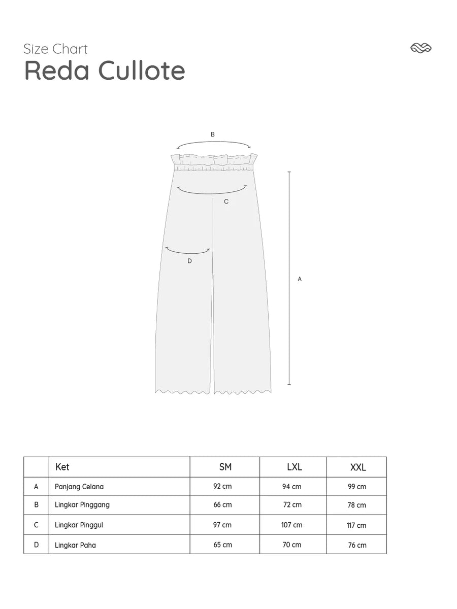 Size chart for Reda Cullote pants with measurements on a white background