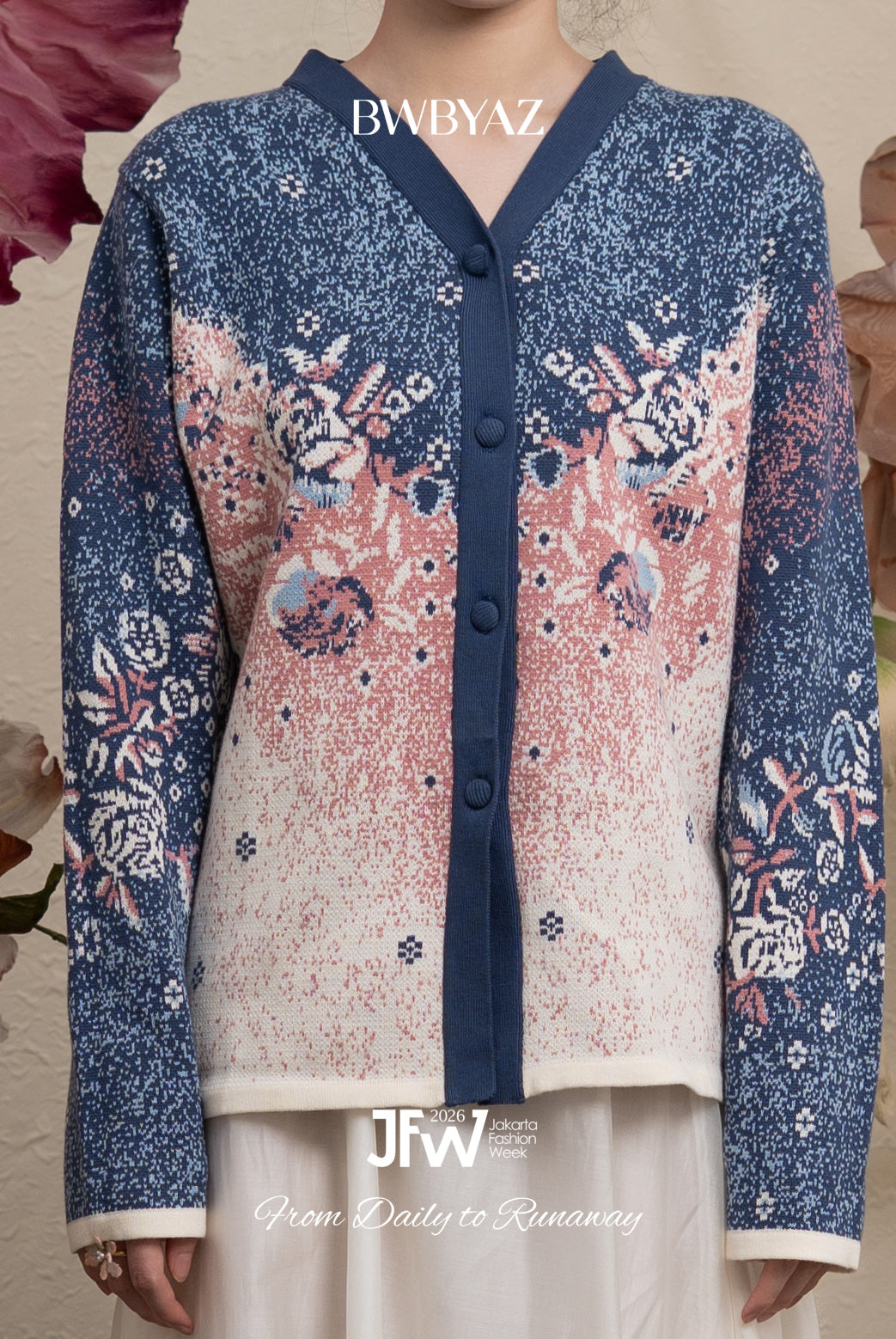 Blue cardigan with pink and white floral pattern by BWBYAZ on a floral background