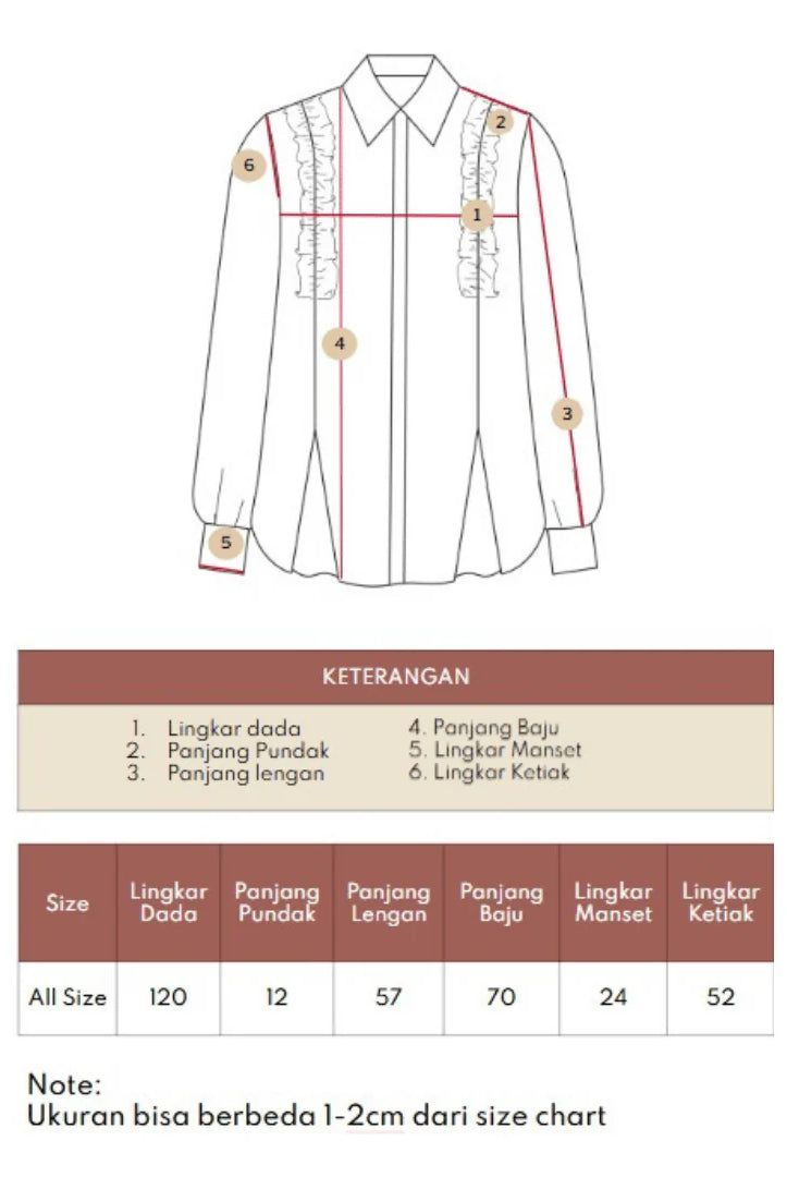 Measurement chart for Ruffle Shirt from Atala Scarves with labeled parts and size chart on a white background