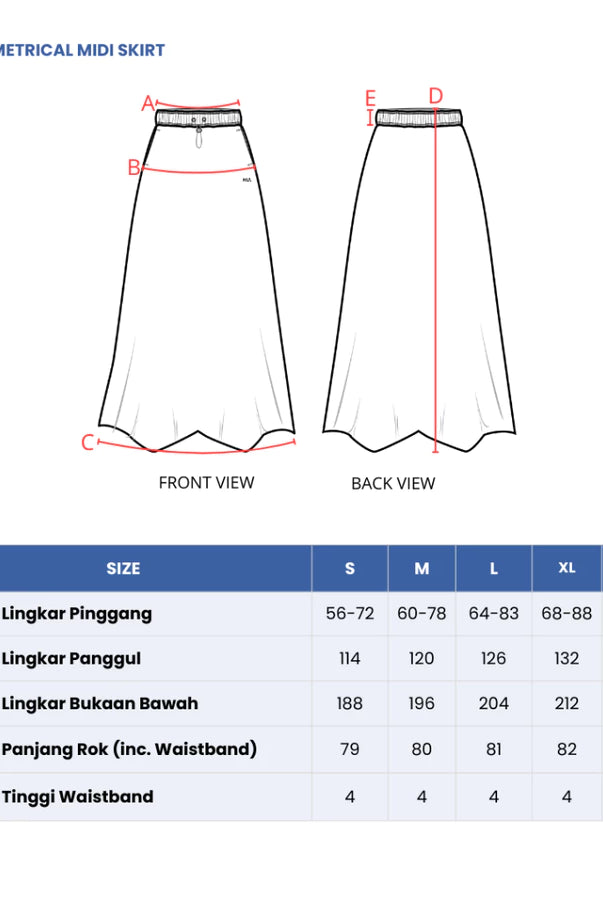 Measurement chart for a Runa asymmetrical midi skirt by HIA with front and back views and size chart.