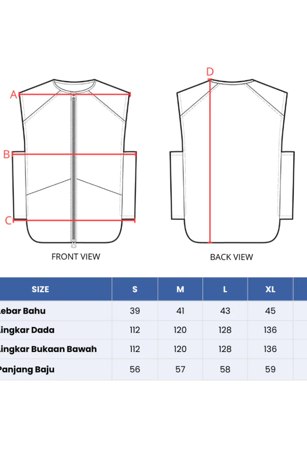 Measurement chart for a RUNA vest by HIA with front and back views and size chart.