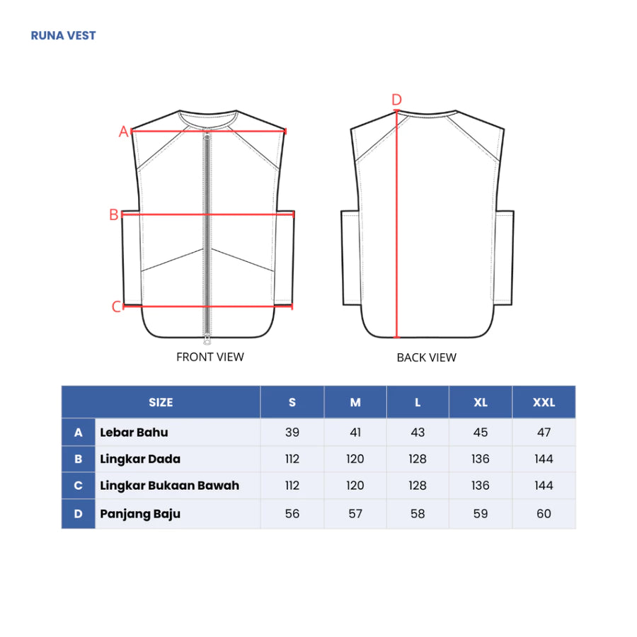 Measurement chart for a RUNA vest by HIA with front and back views and size chart.