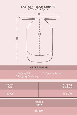 Measurement chart for Sabiya French Khimar by Lozy Hijab with dimensions on a pink background