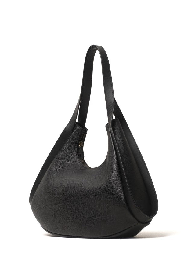 A black leather handbag with a zipper closure and a shoulder strap from purotti.