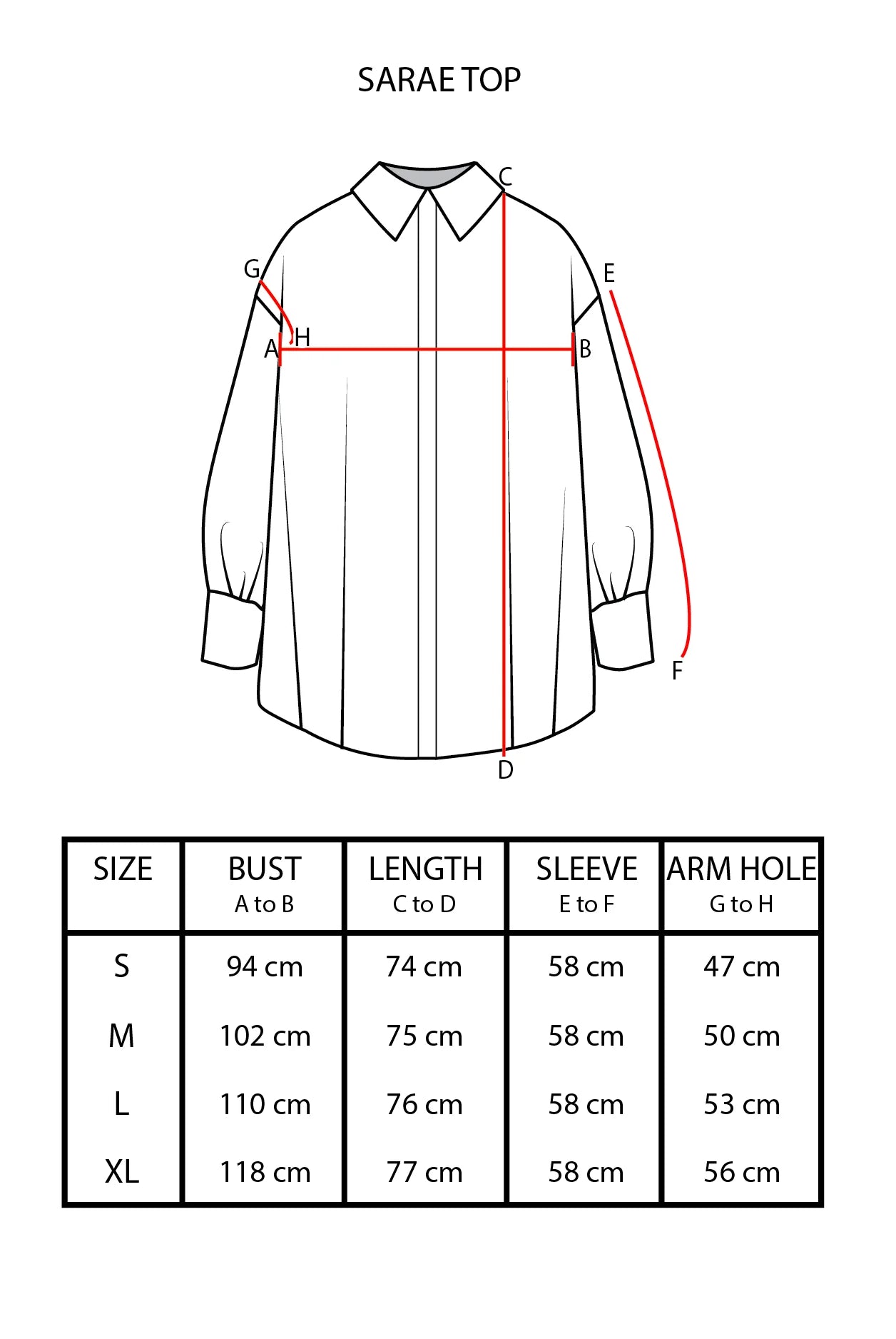 Measurement chart for a 'SARAE TOP' by Hijabchic with dimensions and size chart on a white background