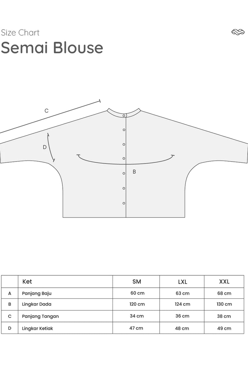 Size chart for the Semai Blouse by Mistyvori, showing a front measurement diagram with labeled points A, B, C, and D, plus a table with measurements for Small, XL, and XXL.