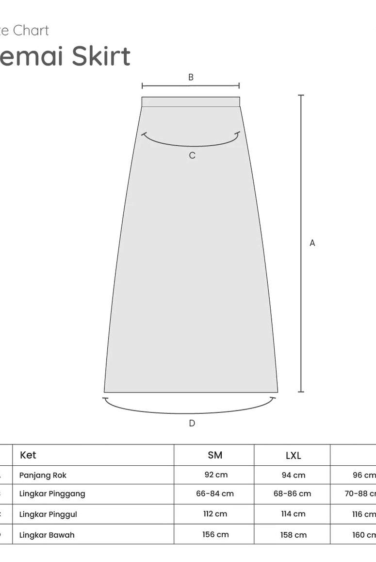 Size chart diagram for a Semai Skirt by Mistyvori showing labeled measurements A, B, C, and D on a simple skirt outline, with a size table below for SM and LXL.