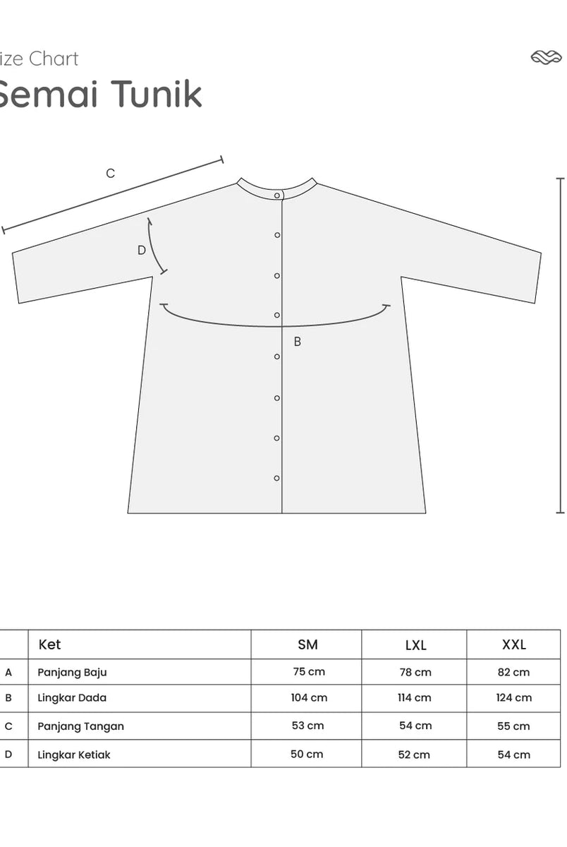 A size chart diagram for a long-sleeve button-front top titled 'Semai Tunik' by Mistyvori, showing a simple line drawing with labeled measurements A, B, C, and D, plus a size table for SM, XL, and XXL.