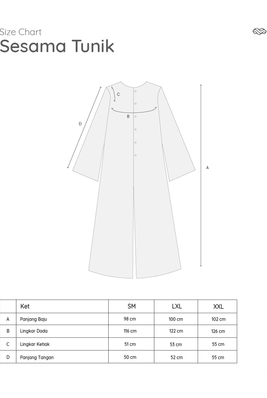 Size chart for Sesama Tunik by Mistyvori with measurements on a white background