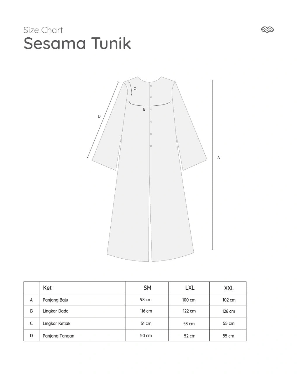 Size chart for Sesama Tunik by Mistyvori with measurements on a white background