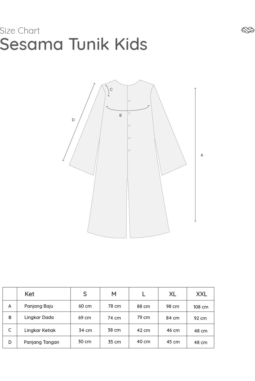 Size chart for Sesama Tunik Kids with a white dress illustration and measurement details.