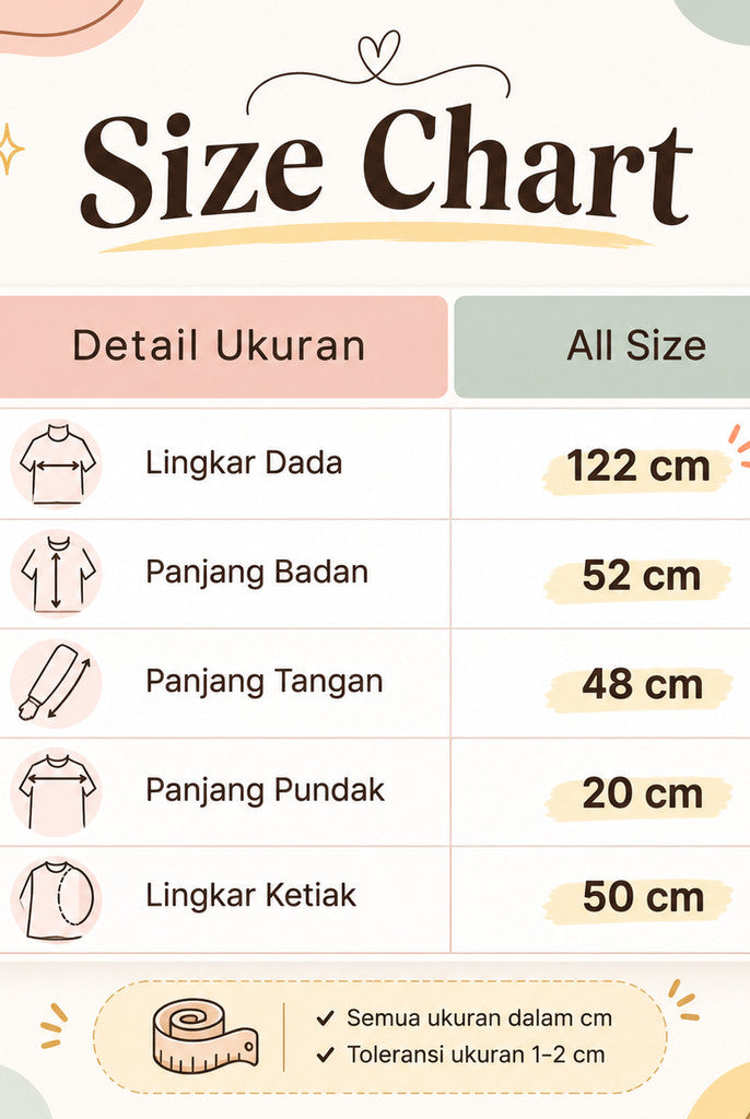 A size chart graphic for Soeny Jacket by Haidee Orlin in Indonesian with a table listing garment measurements: chest circumference 122 cm, body length 52 cm, arm length 48 cm, leg length 20 cm, and waist/hip circumference 50 cm. The design uses soft pastel colors and simple line icons on a cream background.