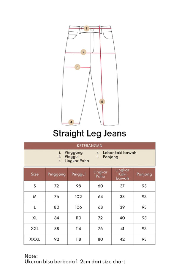 A size chart and measurement diagram for Atala Straight Leg Jeans, showing labeled front-view measurements on a line drawing of the pants and a size table in Indonesian.
