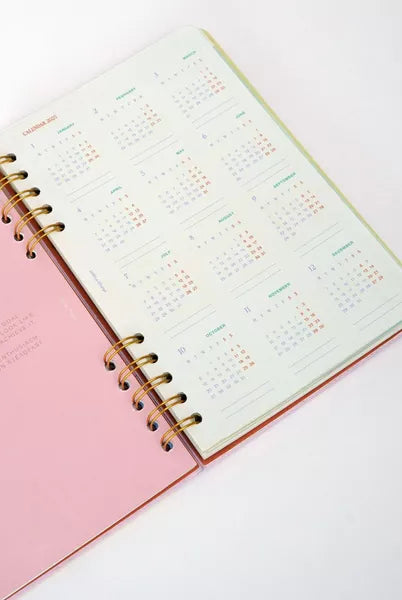 Pink planner with a gold spiral binding on a white background