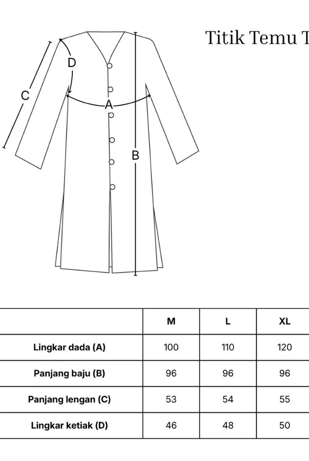 A size measurement diagram for a long-sleeve tunic dress, showing labeled front measurements A, B, C, and D with a size table below for M, L, and XL chest, waist, and sleeve measurements.