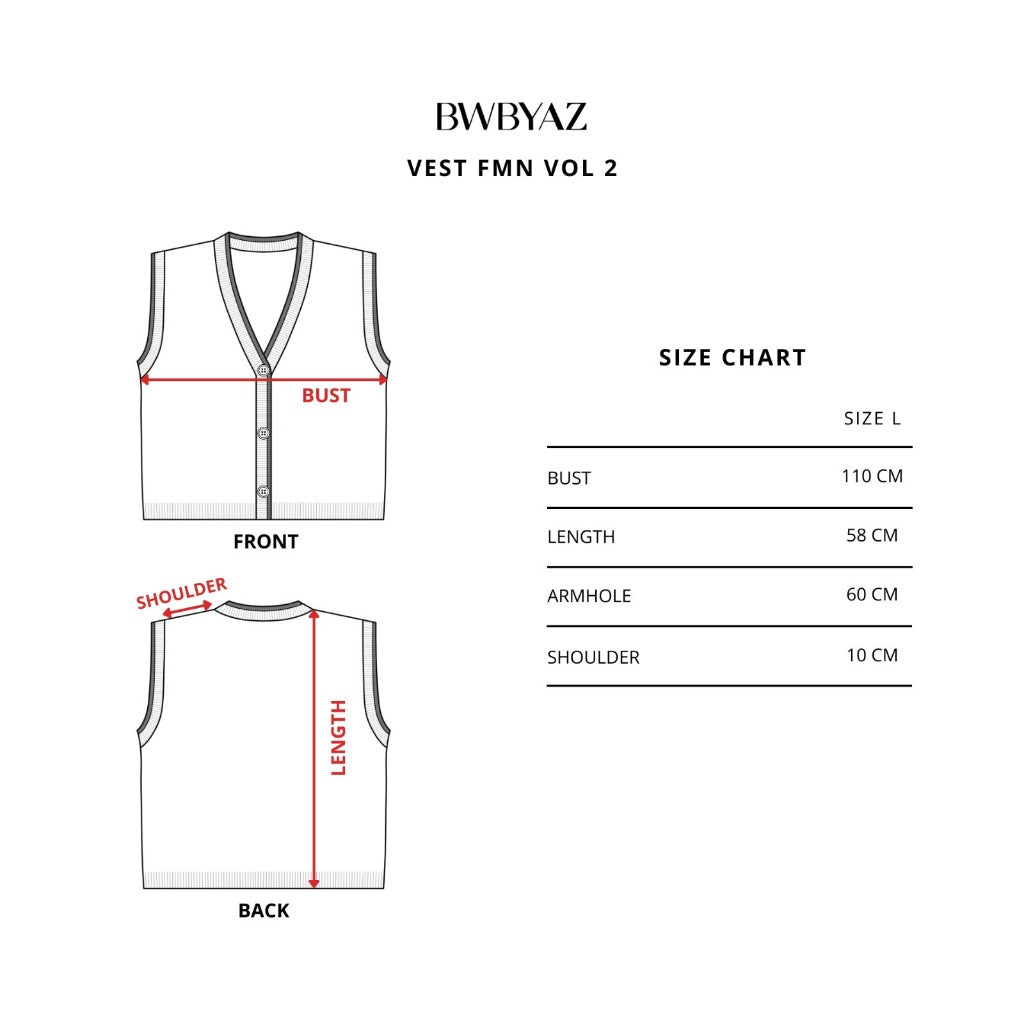 Measurement chart for a vest FMN vol. 2 with dimensions labeled, featuring the brand BWBYAZ.