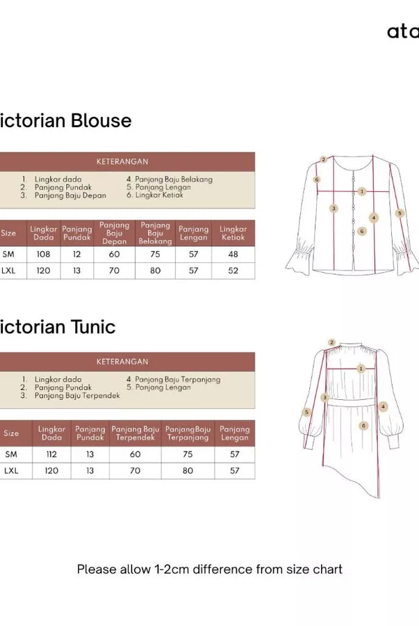 Size chart for Victorian Blouse and Tunic by Atala Scarves on a white background