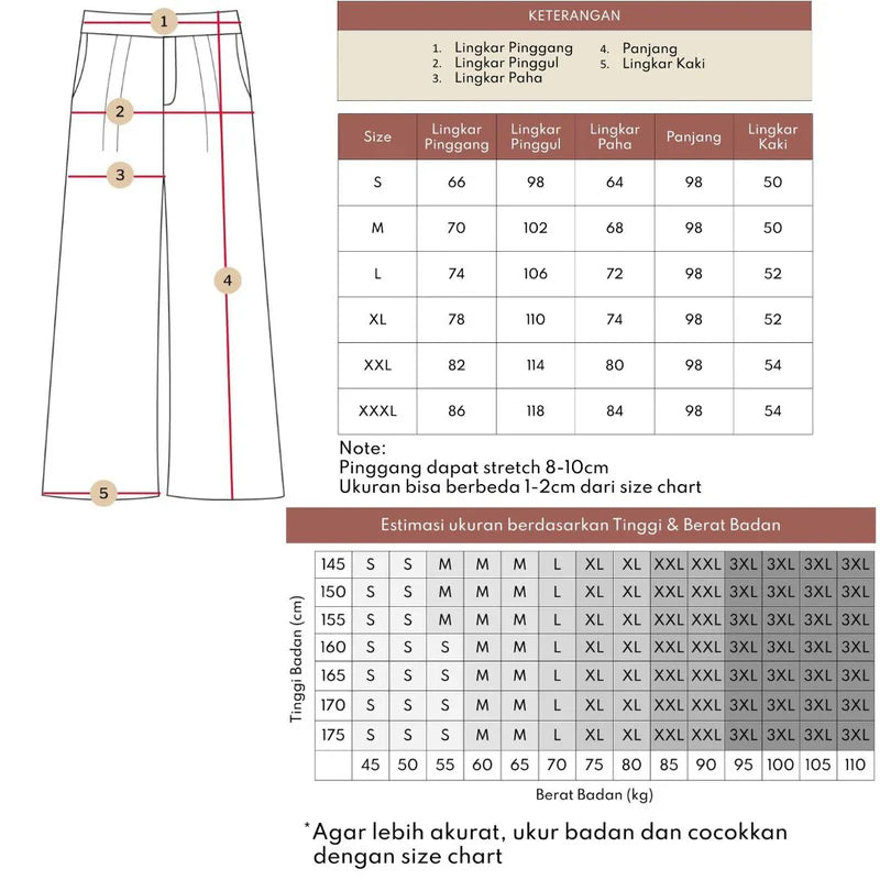 Culotte pants from Atala Scarves size chart with measurements and estimations for height and weight on a white background