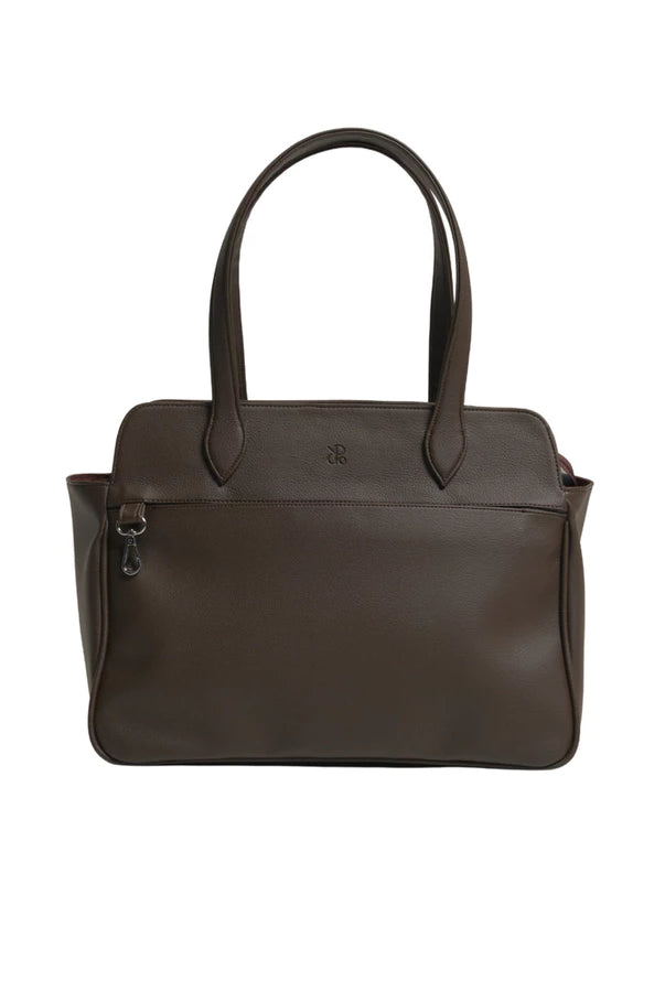 Brown leather handbag by Prior on a white background