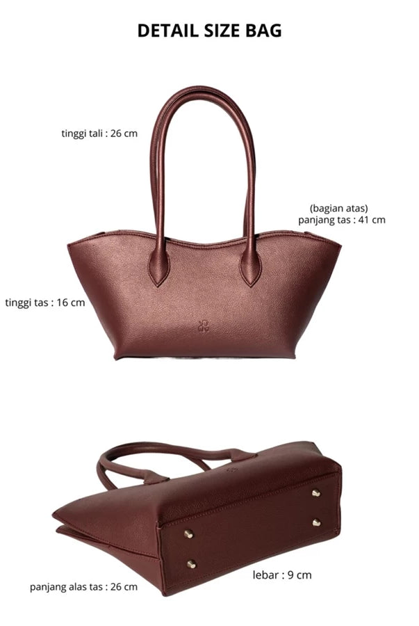 Burgundy Zuri Bag by Prior with dimensions labeled on a white background