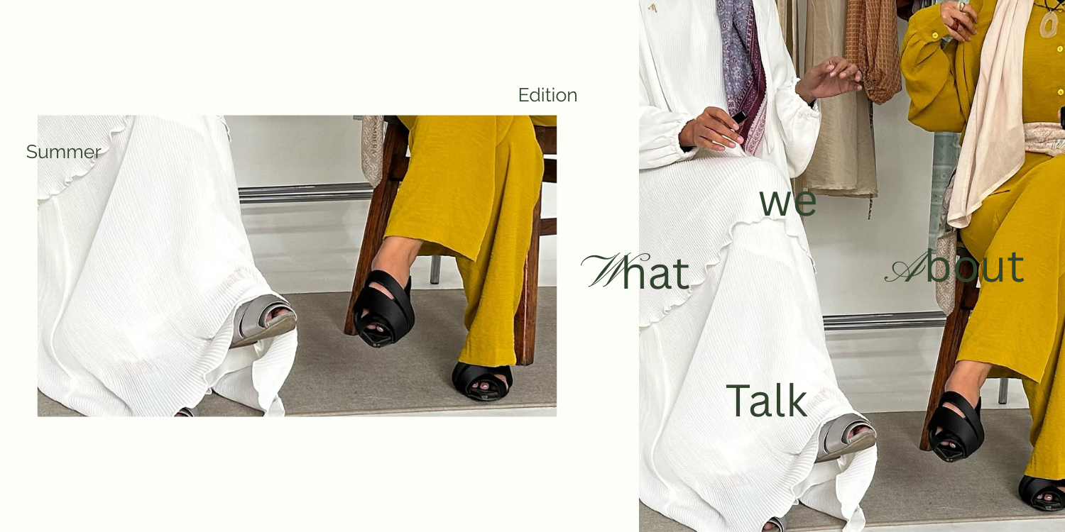 Two women in modest summer outfits with platform sandals, seated and styled text overlay: Summer Edition – What We Talk About.