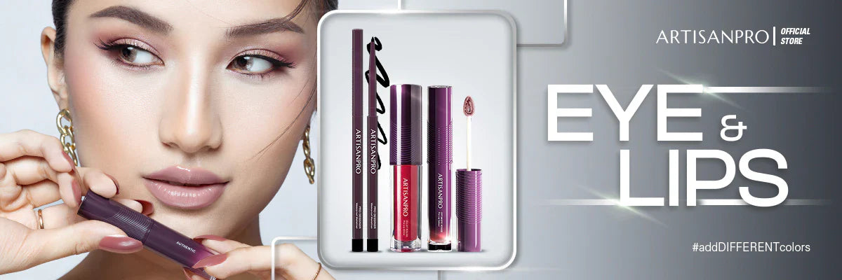 Promotional banner for Artisanpro featuring a woman applying lipstick and showcasing a selection of eye and lip makeup products.