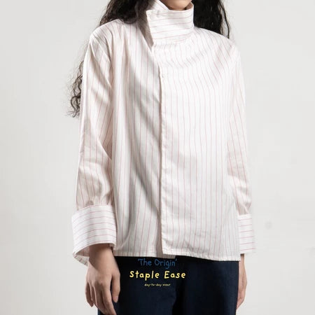 White and pink striped shirt by BWBYAZ worn by a person on a white background