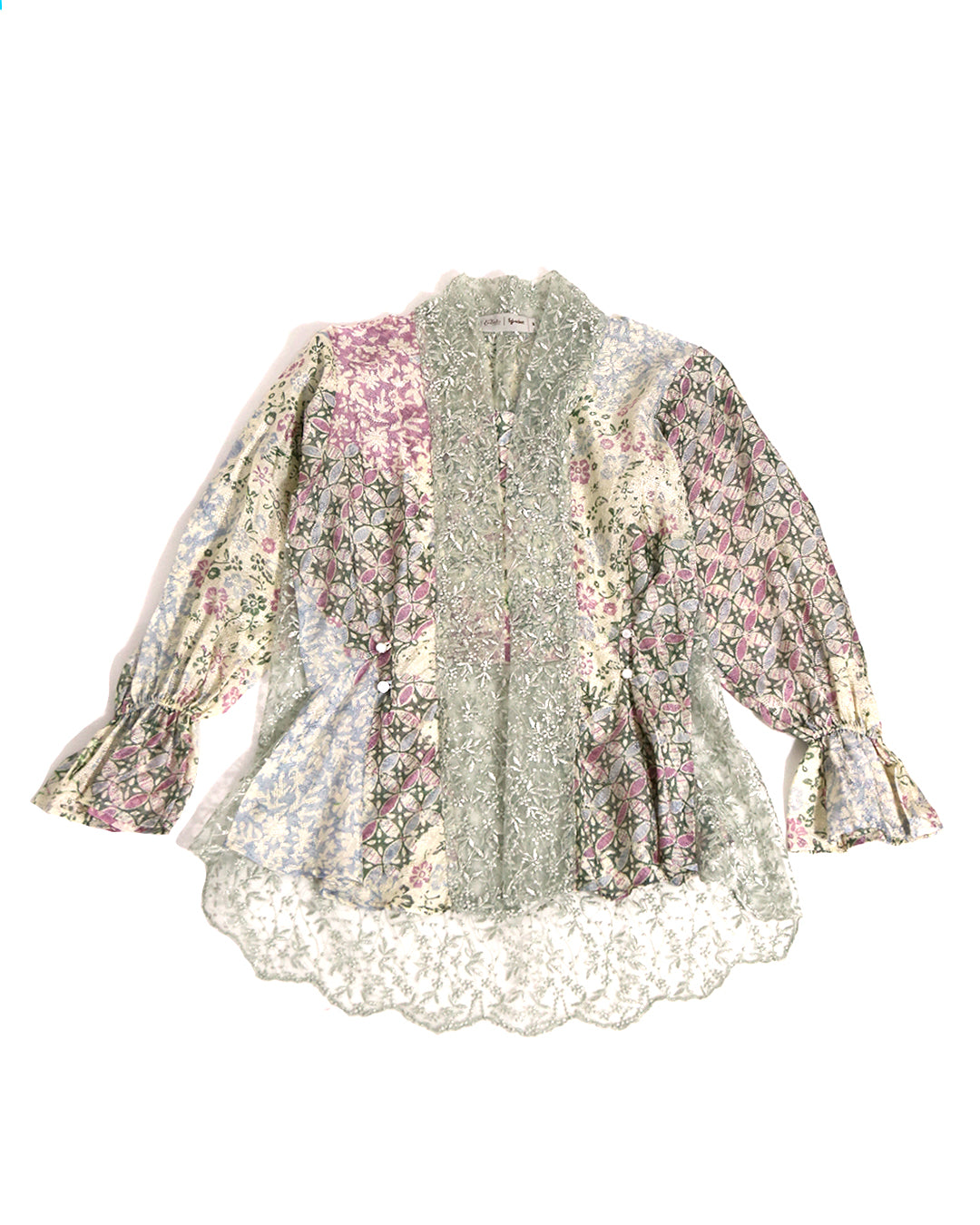 A traditional kebaya blouse by Kartinis Label featuring long sleeves, batik pattern, and beaded lace detailing with a multicolor palette.