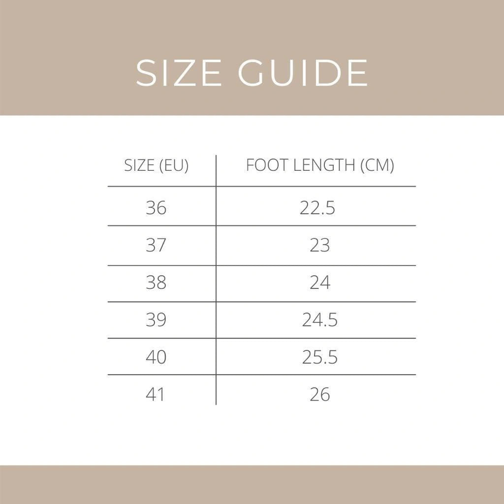 Size guide chart for Cajsa Aoki Champagne flat shoes with size EU and foot length in centimeters on a beige background