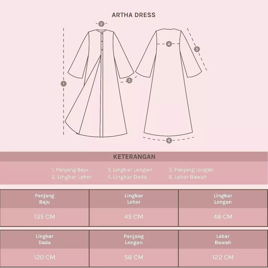 Measurement chart for Artha Dress by Lozy Hijab on a light pink background