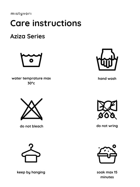 Care instructions for Aziza Series by Mistyvori products with various symbols on a white background