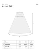 Size chart for Aziza Skirt by Mistyvori with measurements on a white background